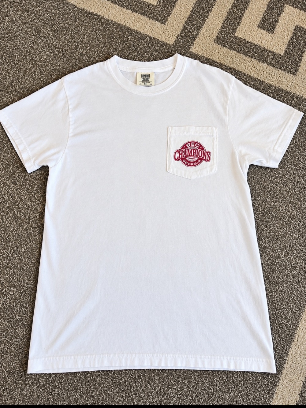 GA Bulldogs - Comfort Colors White Pocket Tee with Red Champions Logo
